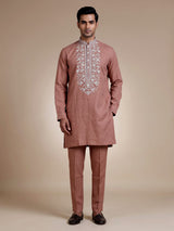 Peach cotton linen mens kurta suit with floral yoke embroidery