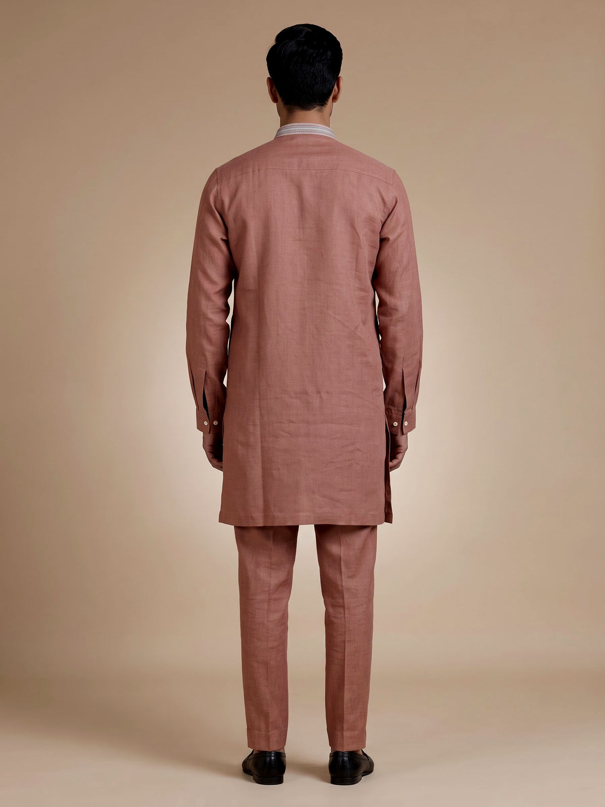Peach cotton linen mens kurta suit with floral yoke embroidery