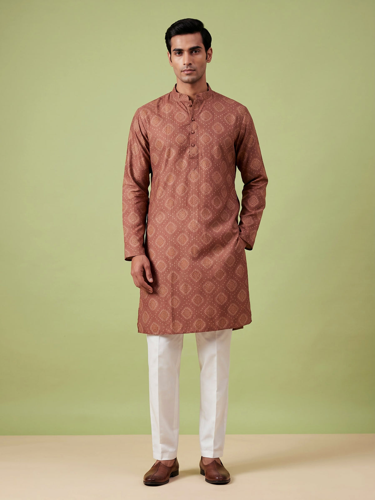 Rust light brown chanderi silk mens kurta suit with classic bandhani print