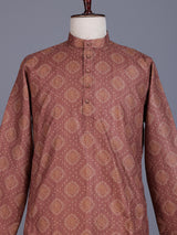 Rust light brown chanderi silk mens kurta suit with classic bandhani print