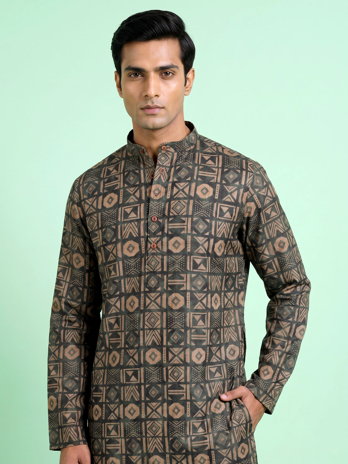 Bottle green tusser mens kurta suit with geometric tribal print