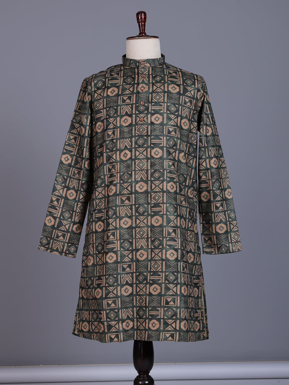 Bottle green tusser mens kurta suit with geometric tribal print