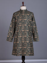 Bottle green tusser mens kurta suit with geometric tribal print