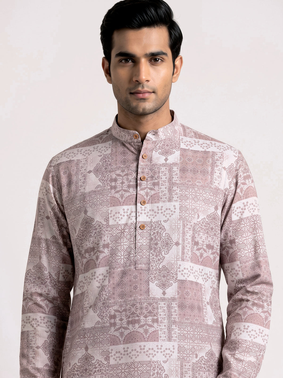 Beige cotton silk mens kurta suit with heritage architectural patchwork print