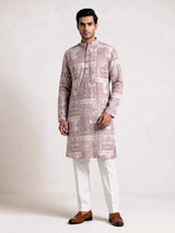 Beige cotton silk mens kurta suit with heritage architectural patchwork print