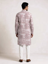 Beige cotton silk mens kurta suit with heritage architectural patchwork print