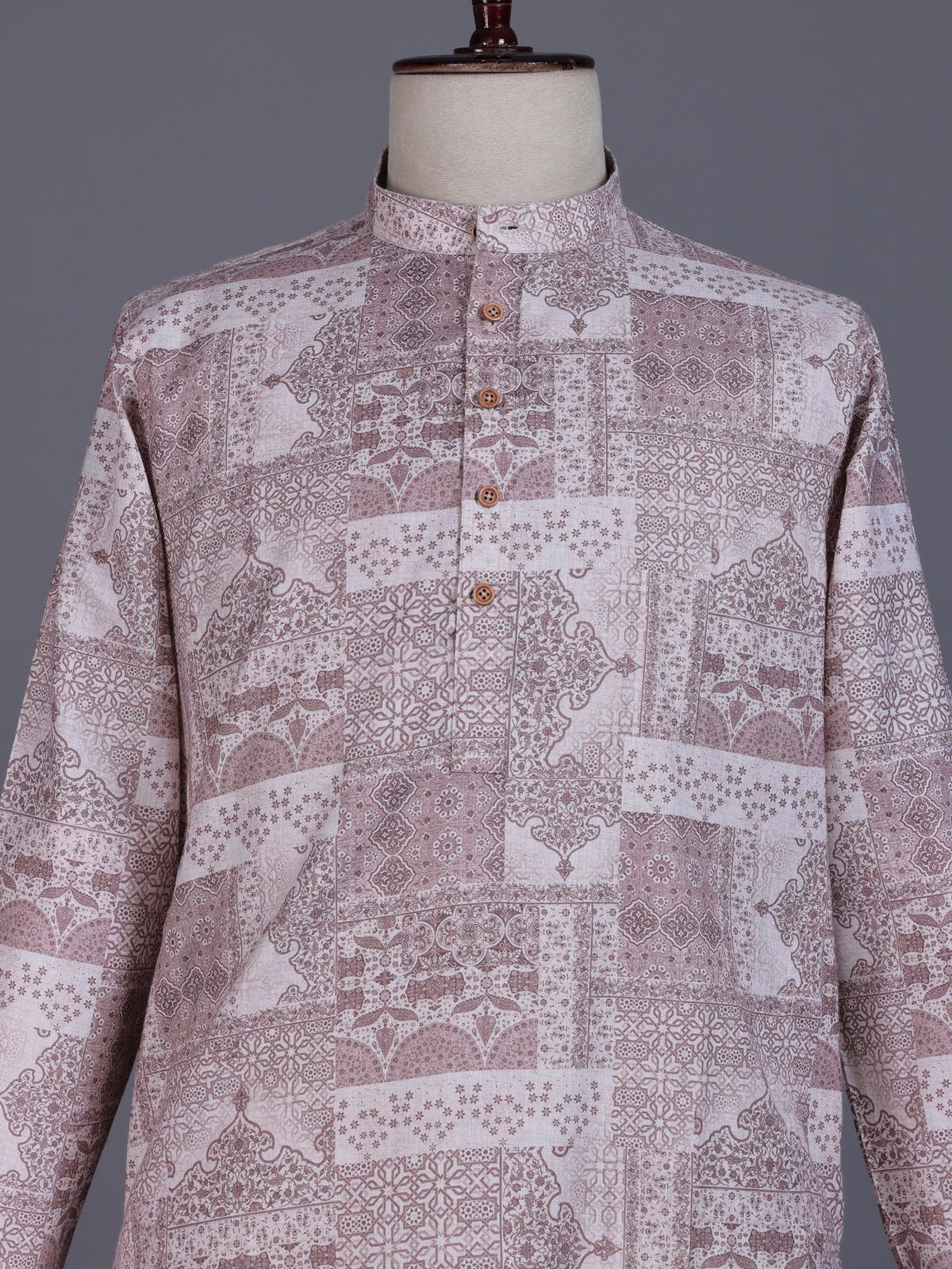 Beige cotton silk mens kurta suit with heritage architectural patchwork print