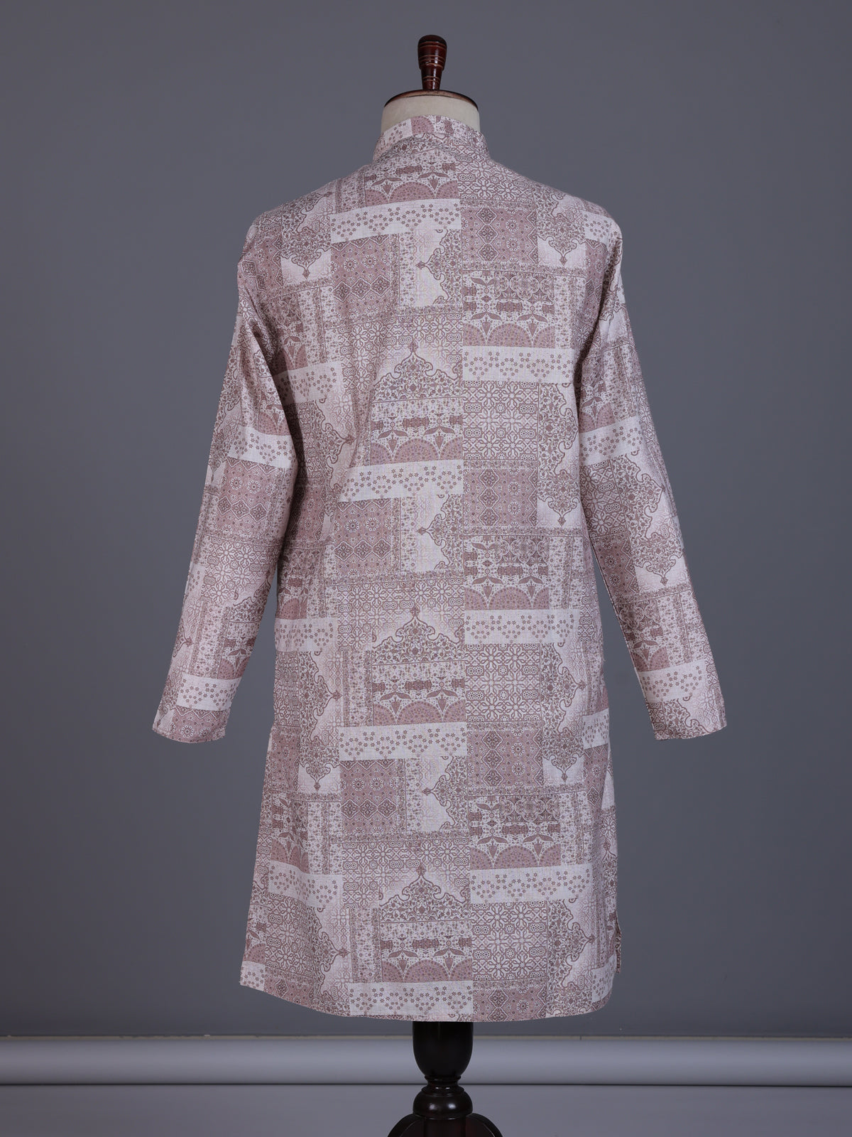 Beige cotton silk mens kurta suit with heritage architectural patchwork print