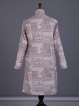 Beige cotton silk mens kurta suit with heritage architectural patchwork print