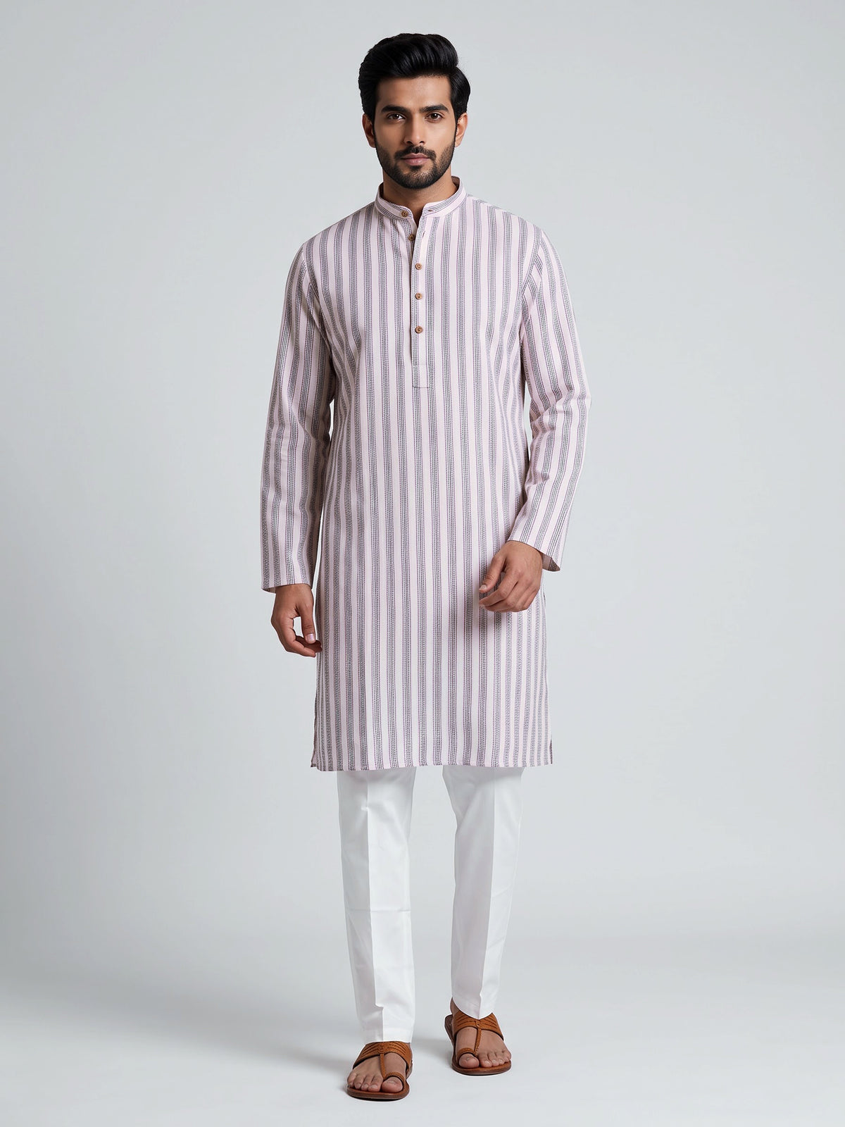 Beige cotton mens kurta suit with refined stripe threadwork