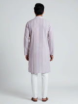 Beige cotton mens kurta suit with refined stripe threadwork
