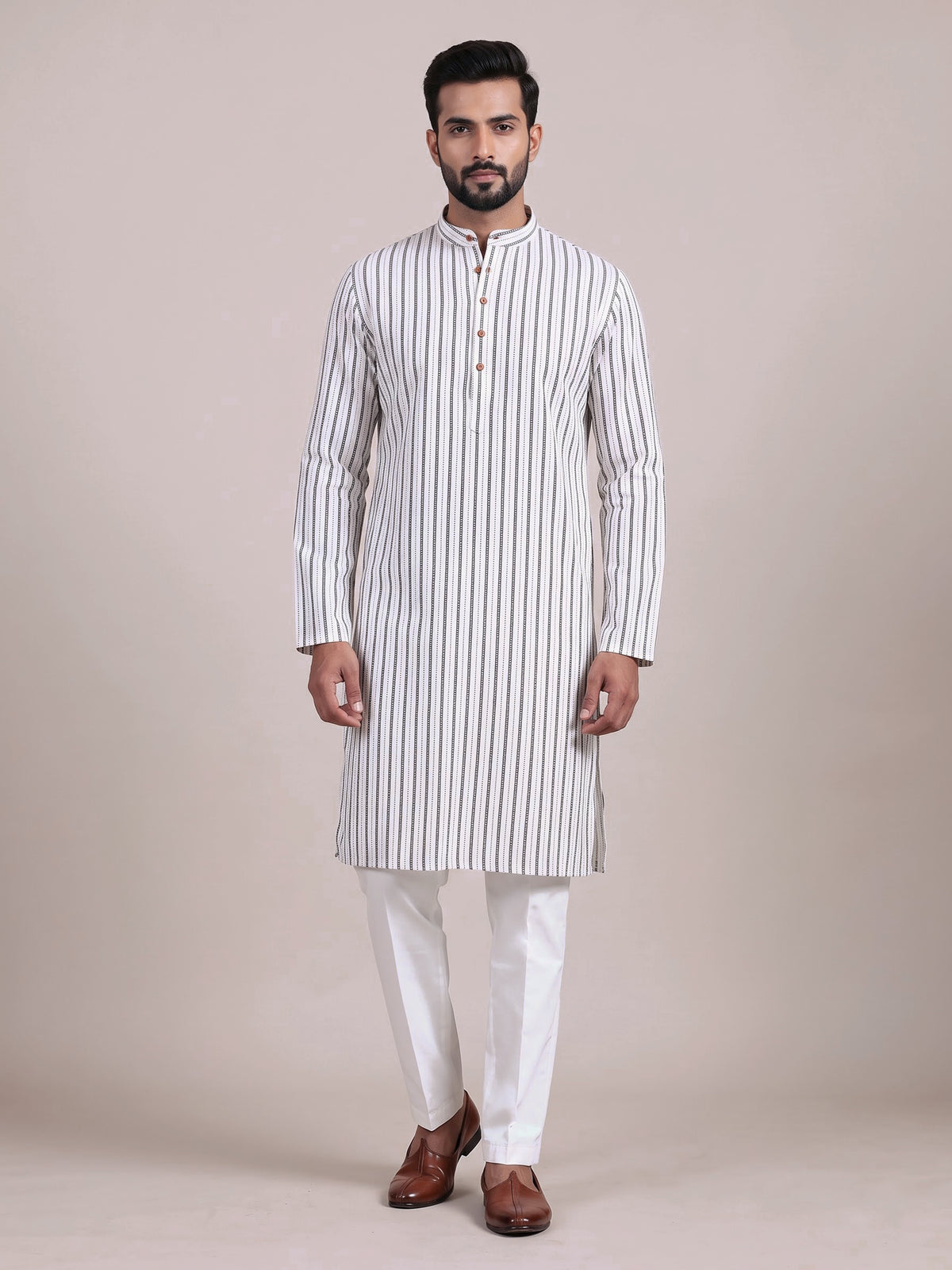White cotton mens kurta suit with elegant stripe print