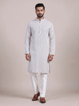 White cotton mens kurta suit with elegant stripe print