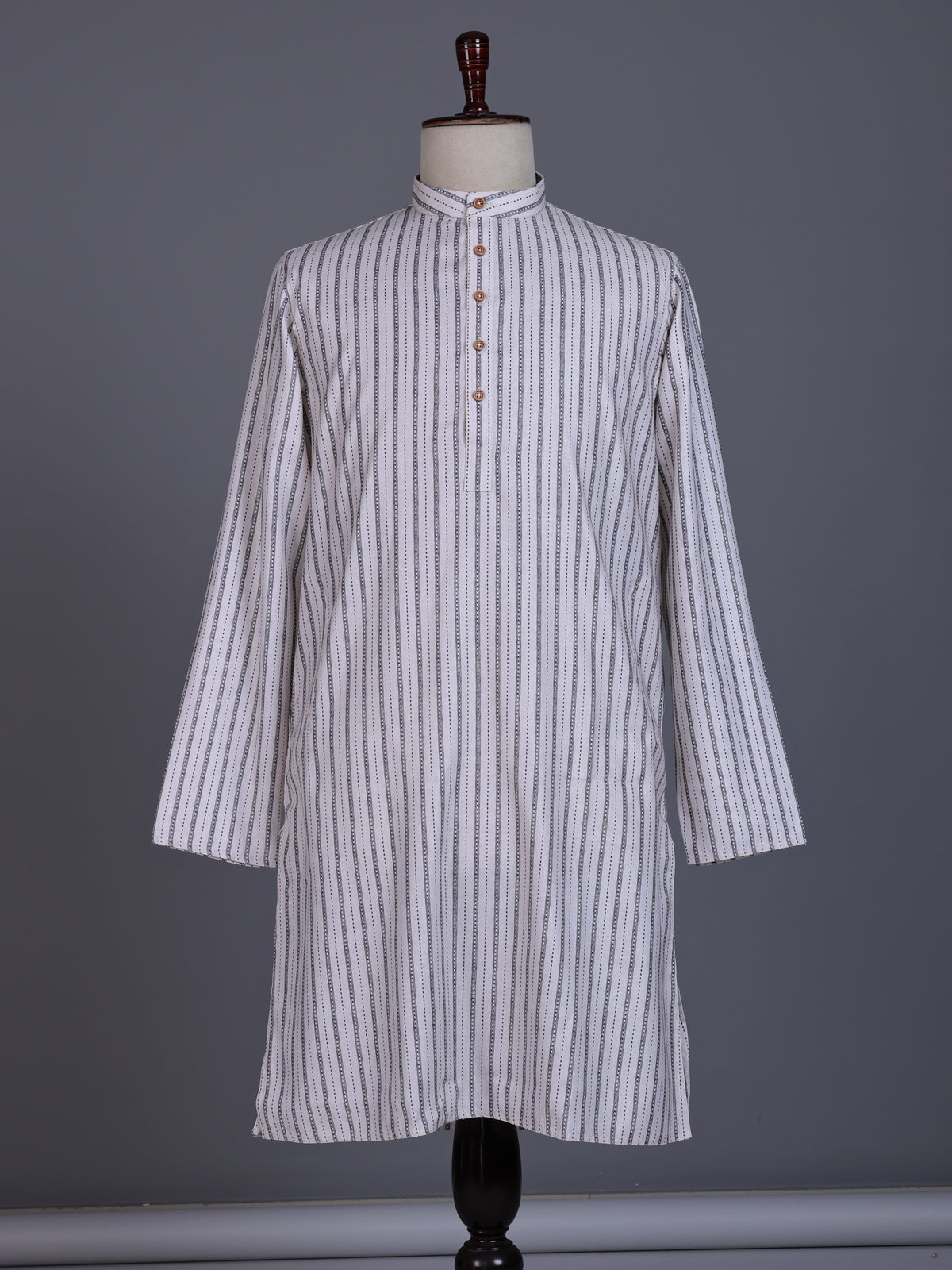 White cotton mens kurta suit with elegant stripe print