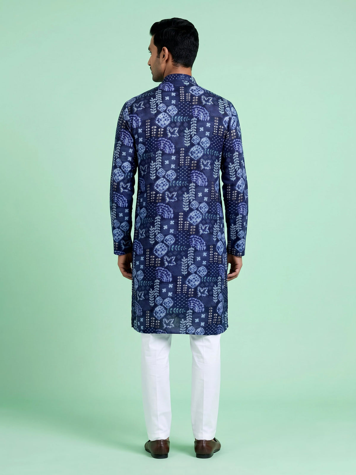 Blue cotton silk mens kurta suit with stylish print and mandarin collar