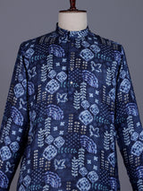 Blue cotton silk mens kurta suit with stylish print and mandarin collar