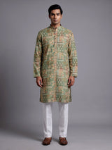 Pista green cotton silk mens kurta suit with delicate floral print