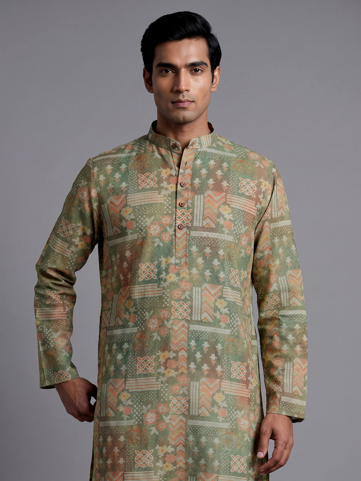 Pista green cotton silk mens kurta suit with delicate floral print