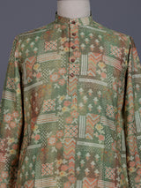 Pista green cotton silk mens kurta suit with delicate floral print
