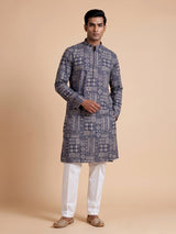 Navy blue silk mens kurta suit with refined printed detailing