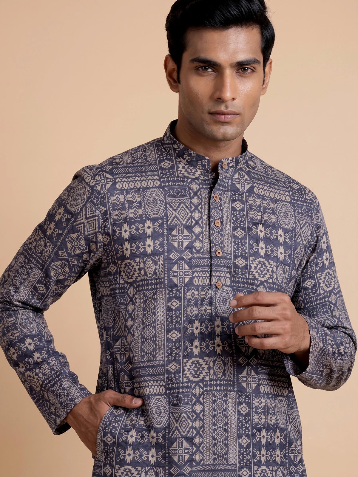 Navy blue silk mens kurta suit with refined printed detailing
