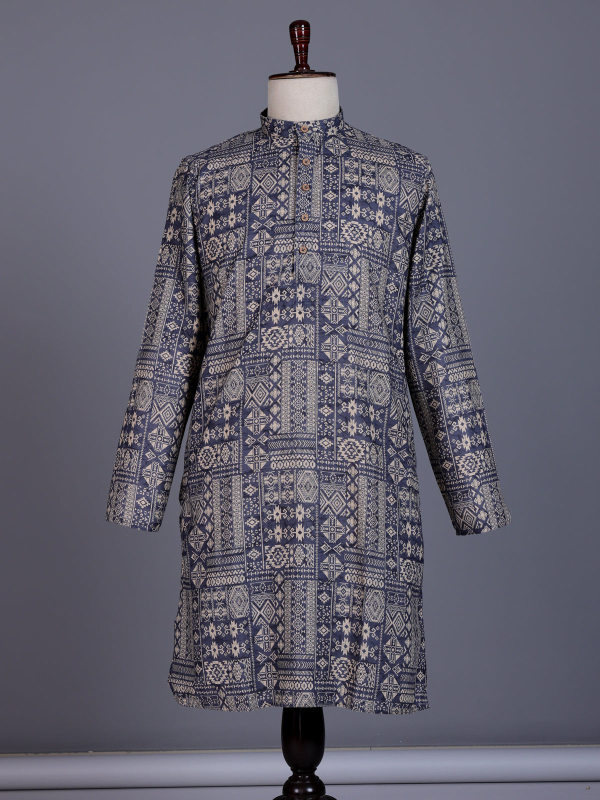 Navy blue silk mens kurta suit with refined printed detailing