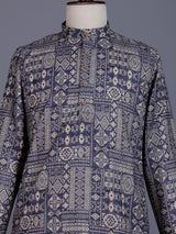Navy blue silk mens kurta suit with refined printed detailing