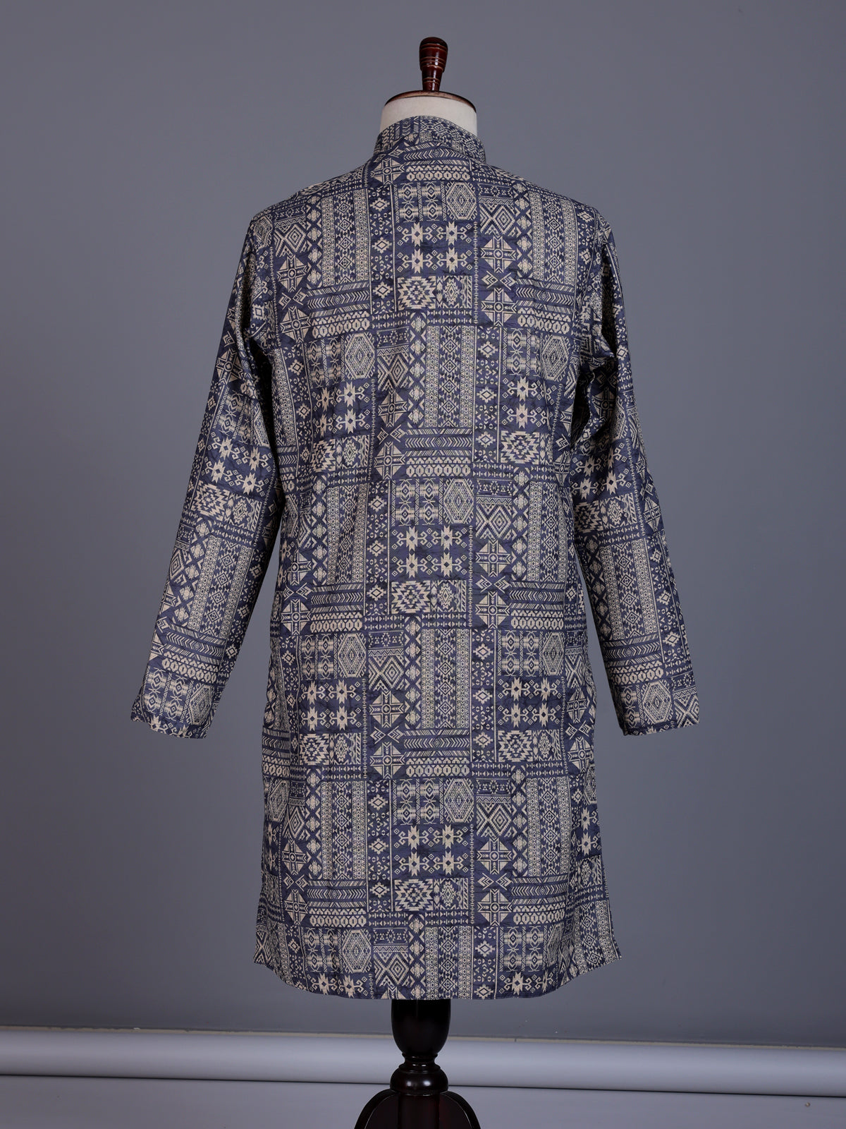 Navy blue silk mens kurta suit with refined printed detailing
