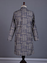 Navy blue silk mens kurta suit with refined printed detailing