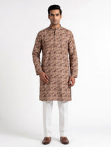 Beige cotton silk mens kurta suit with elegant traditional print detailing
