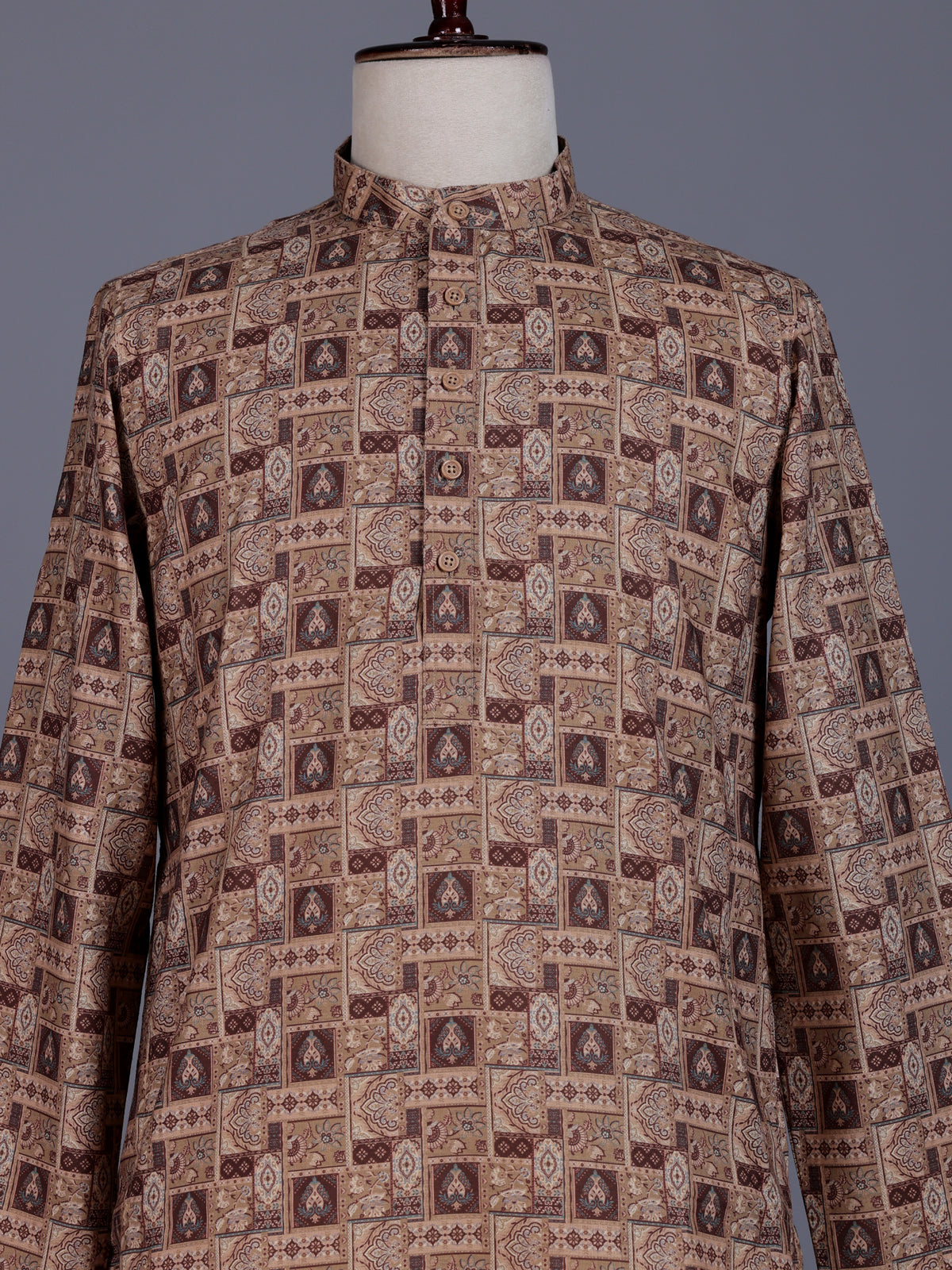 Beige cotton silk mens kurta suit with elegant traditional print detailing