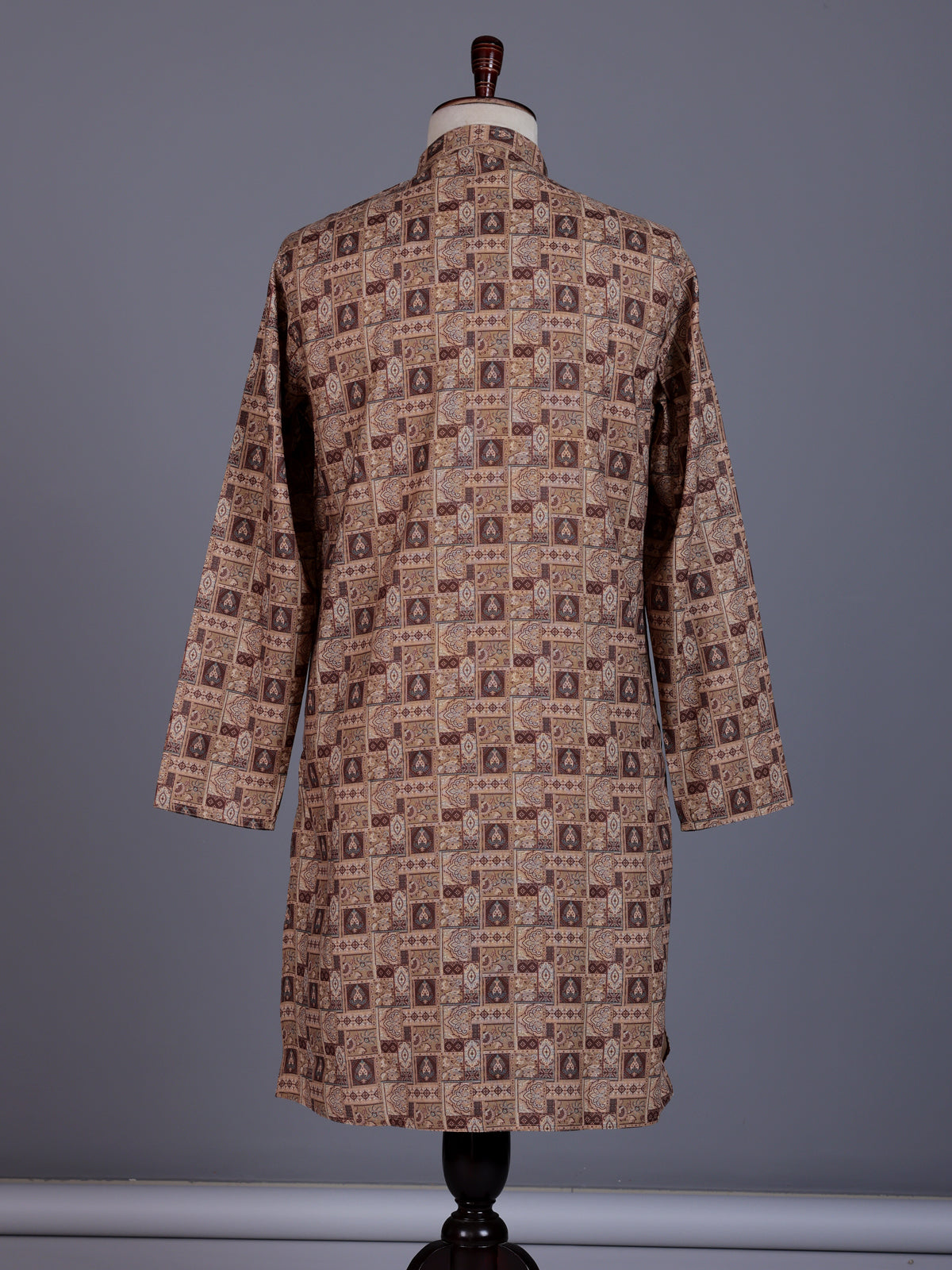 Beige cotton silk mens kurta suit with elegant traditional print detailing