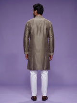 Olive grey cotton silk mens kurta suit with zardosi and stone work