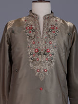 Olive grey cotton silk mens kurta suit with zardosi and stone work