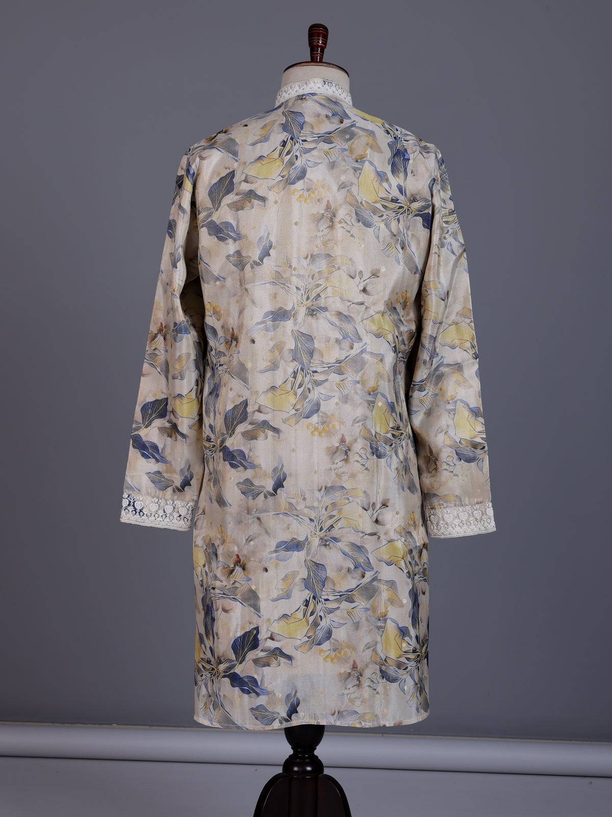 Beige cotton silk mens kurta suit with floral print and embroidered yoke