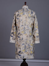 Beige cotton silk mens kurta suit with floral print and embroidered yoke