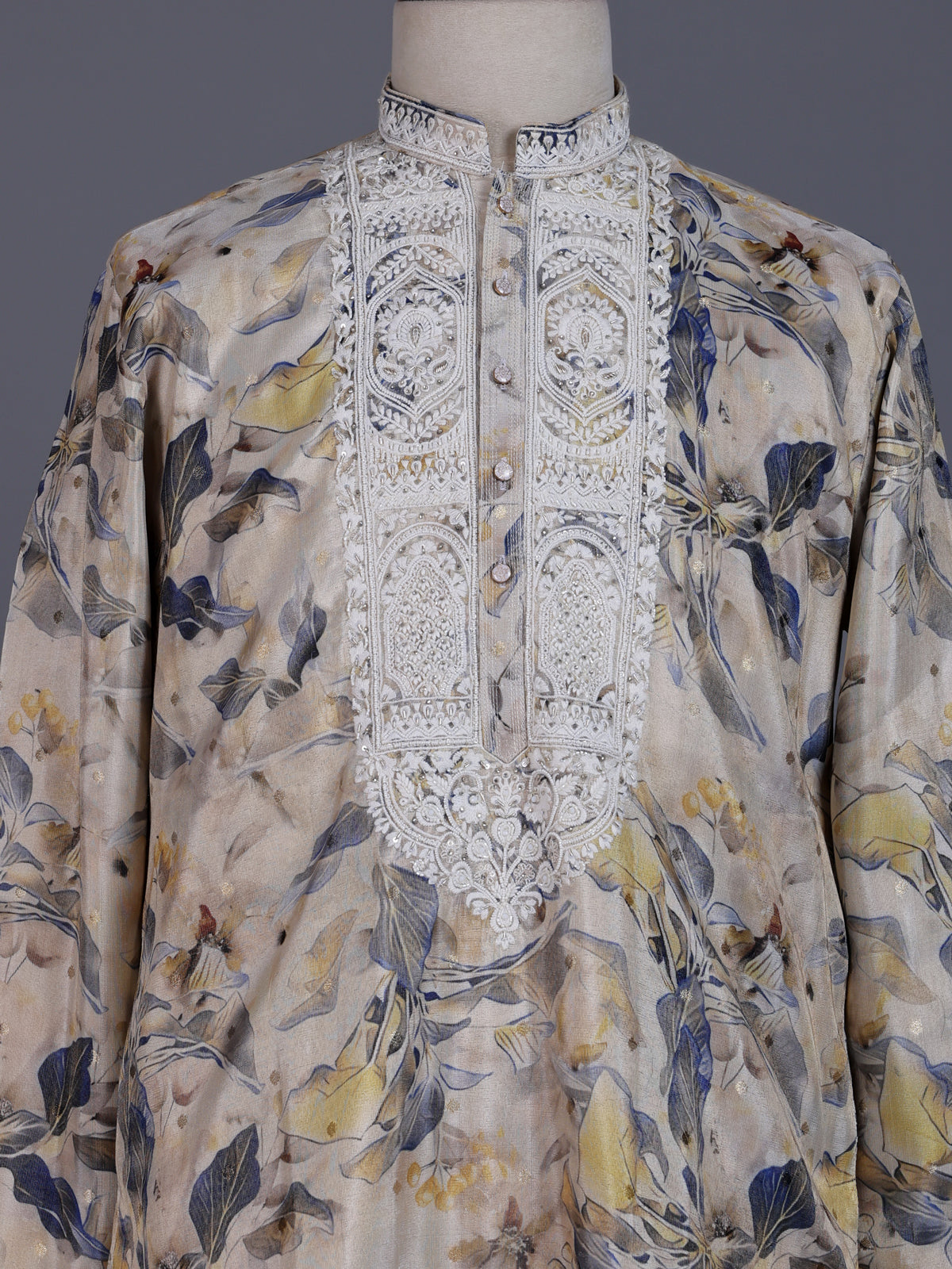 Beige cotton silk mens kurta suit with floral print and embroidered yoke