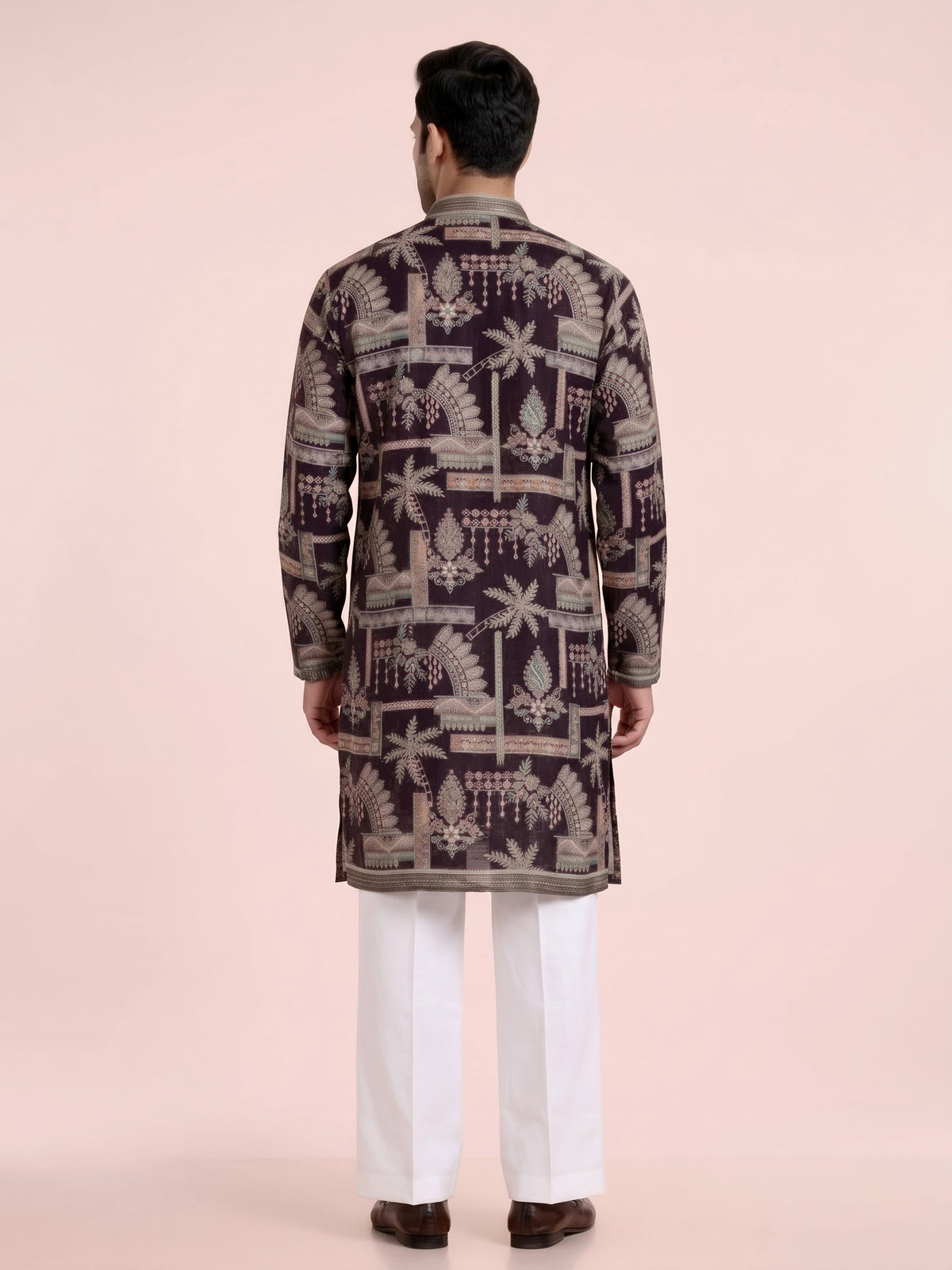Wine cotton silk mens kurta suit with embroidered cuffs and detailing