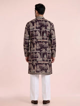 Wine cotton silk mens kurta suit with embroidered cuffs and detailing