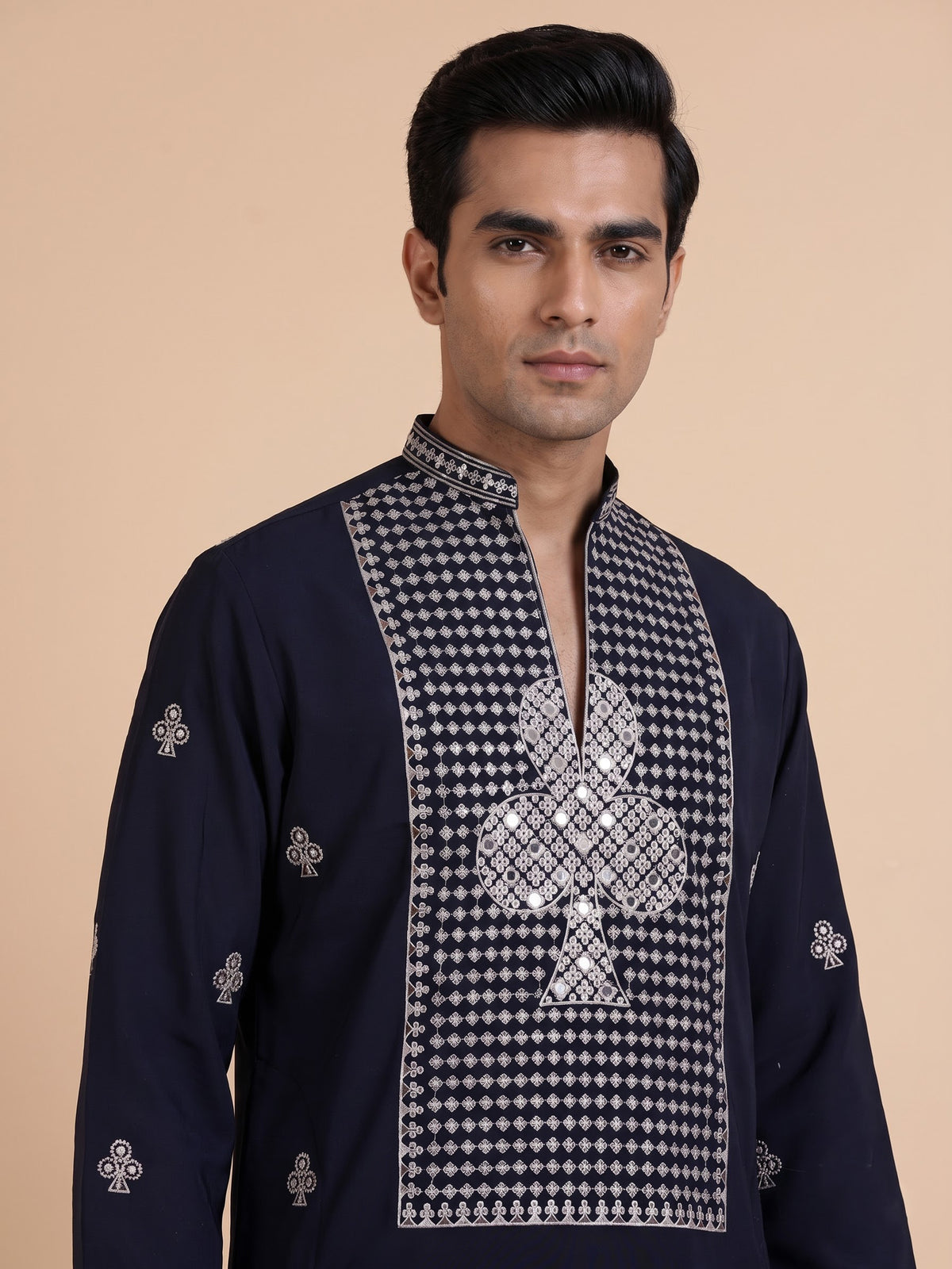 Navy blue Georgette silk mens kurta suit with sequins aabla embroidery