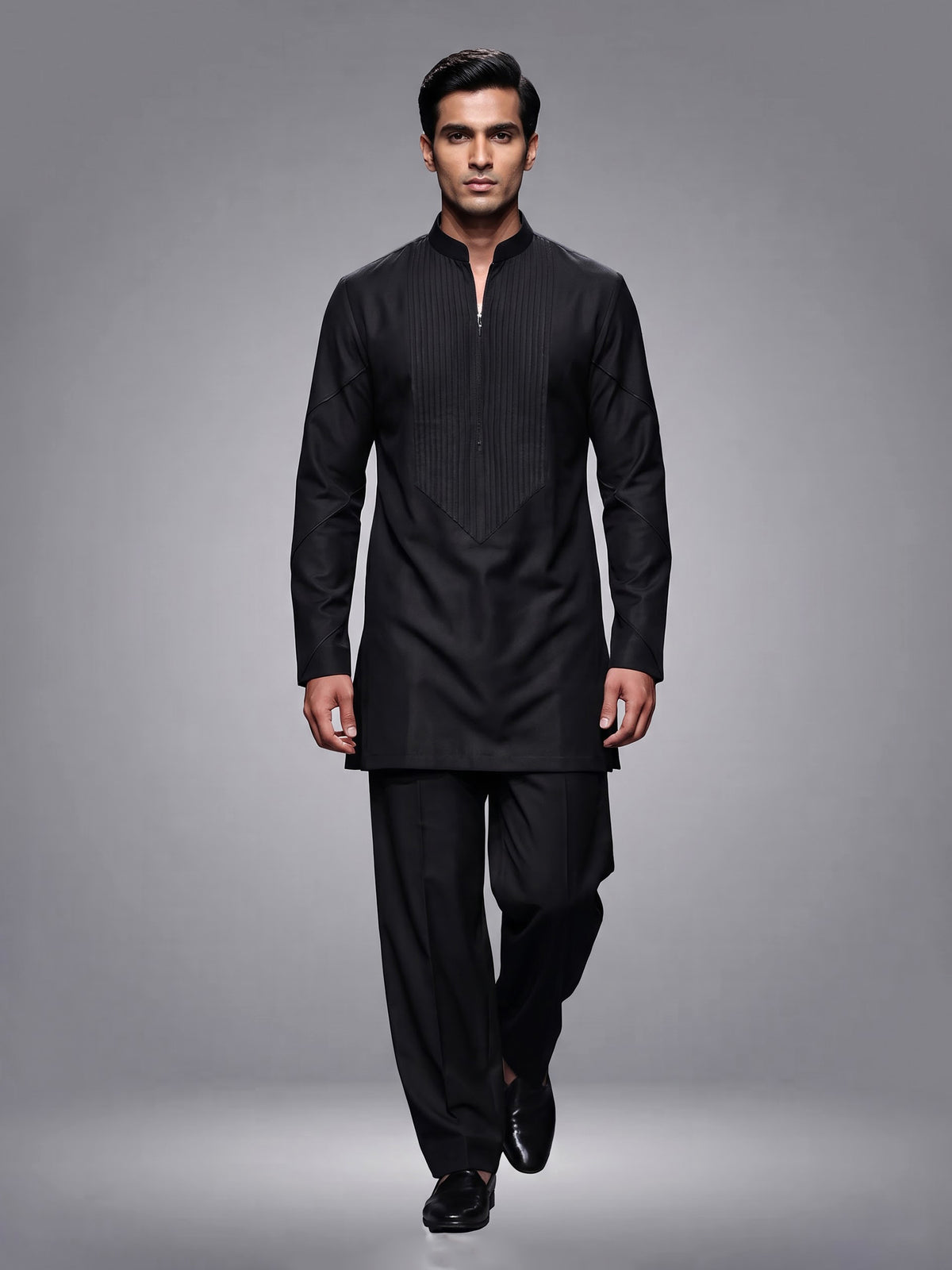 Black Poly-Viscose mens kurta suit with modern pintuck detailing