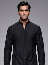 Black Poly-Viscose mens kurta suit with modern pintuck detailing