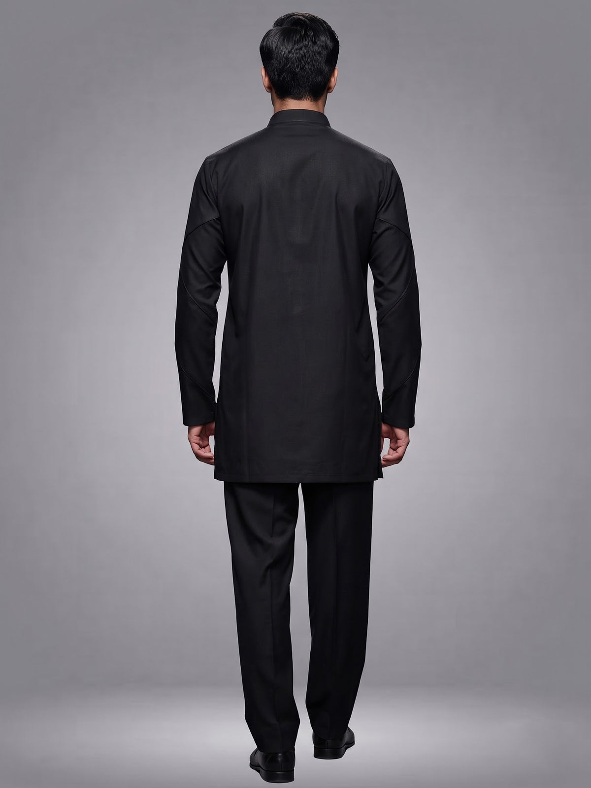 Black Poly-Viscose mens kurta suit with modern pintuck detailing