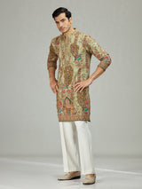 Pista green peacock print mens kurta suit