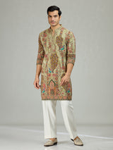Pista green peacock print mens kurta suit