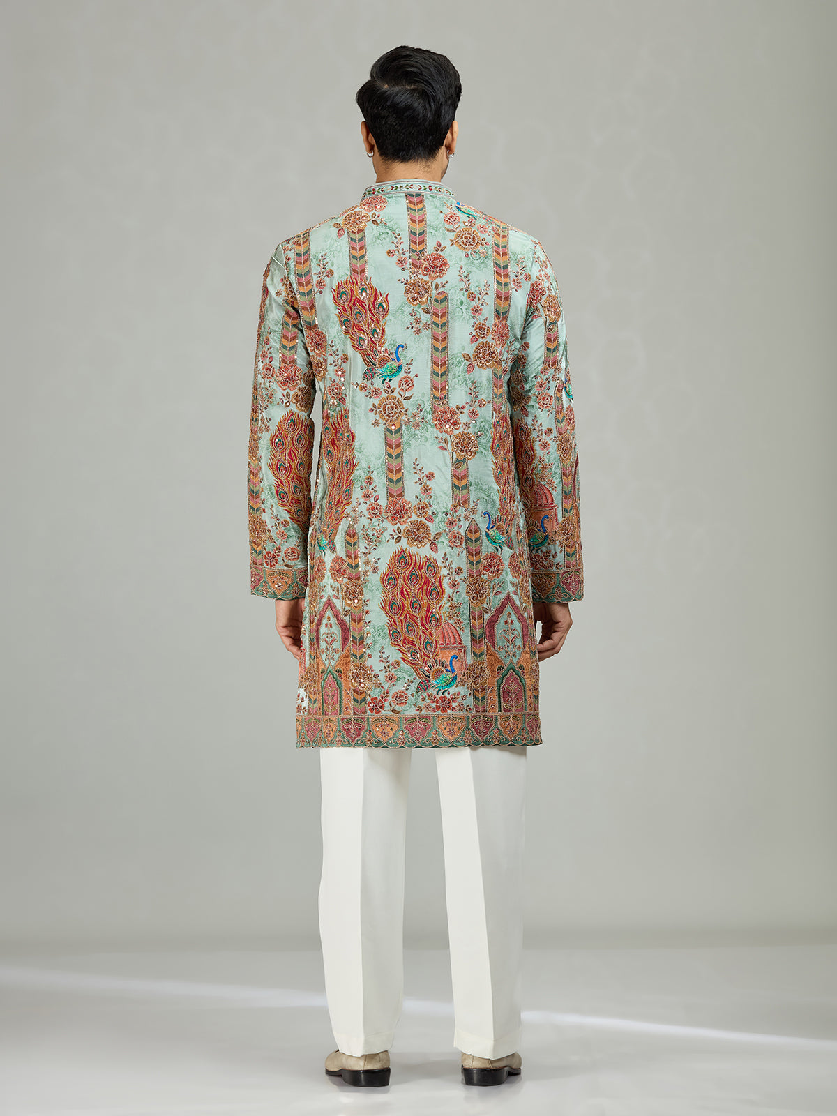 Aqua blue peacock print mens kurta suit