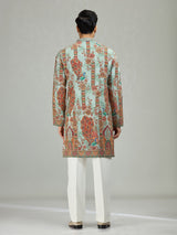 Aqua blue peacock print mens kurta suit