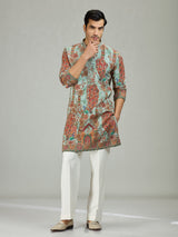 Aqua blue peacock print mens kurta suit