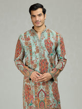 Aqua blue peacock print mens kurta suit