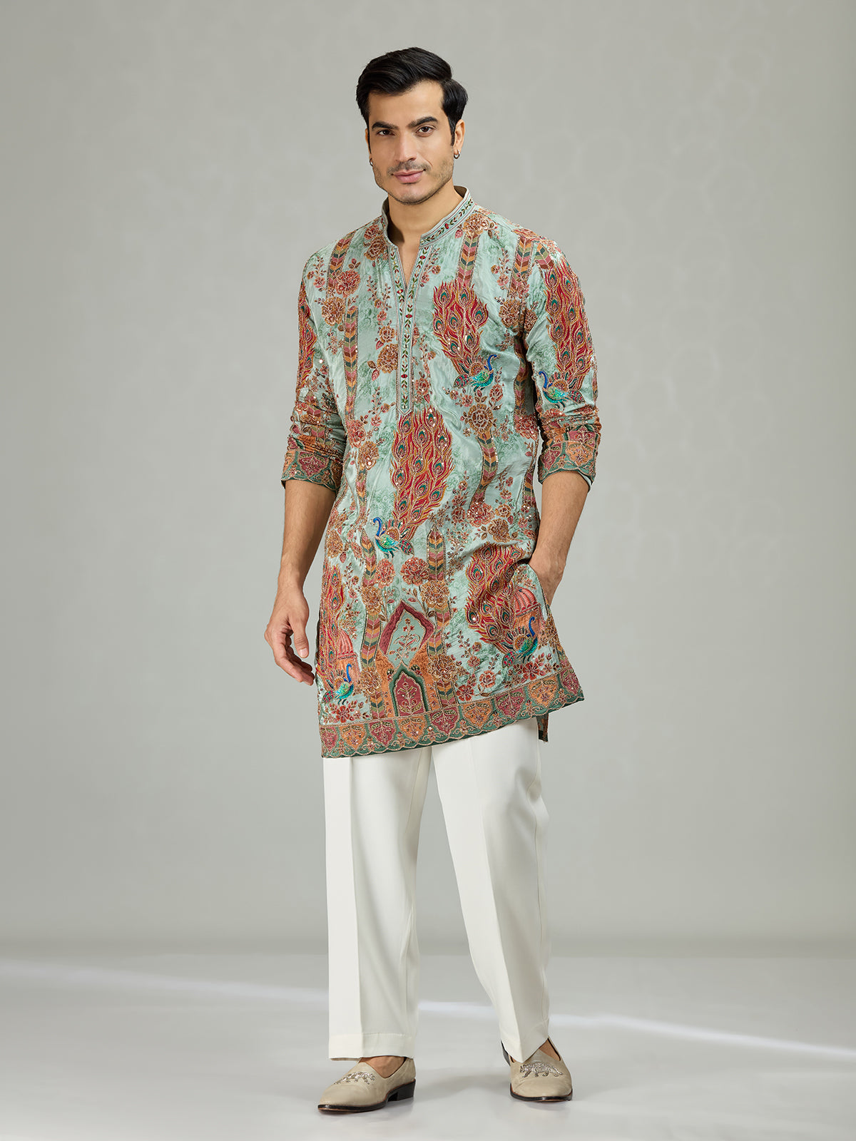 Aqua blue peacock print mens kurta suit